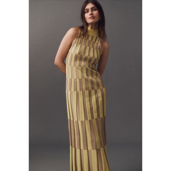 Anthropologie Midi Sweater Dress Yellow Sleeveless Mock Neck